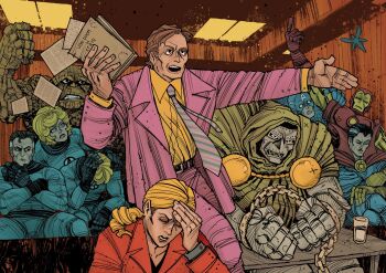 Rule 34 | 3girls, 6+boys, angry, arc reactor, arm up, armor, avengers (series), azoinab, ben grimm, better call saul, black facial hair, black gloves, black hair, blonde hair, blue bodysuit, blue eyes, blue mask, blue robe, bob cut, bodysuit, breaking bad, brother and sister, brown hair, cape, captain america, chain, clenched hand, clenched hands, closed eyes, collared shirt, comforting, commission, courtroom, crossed arms, crossed legs, crossover, cuffs, cup, disappointed, doctor doom, doctor strange, facial hair, fantastic four, flying, flying paper, folder, formal clothes, frown, frustrated, full armor, gloves, gold armor, green cape, green hood, green tunic, grey armor, hand on another's shoulder, hand on own forehead, handcuffs, hands up, high collar, highres, holding, holding folder, hood, hood up, hooded cape, index finger raised, indoors, insect wings, iron man, jacket, janet van dyne, johnny storm, kim wexler, lawyer, long sleeves, low ponytail, marvel, mask, metal mask, mini person, minigirl, multicolored armor, multicolored bodysuit, multicolored hair, multicolored necktie, multiple boys, multiple girls, muscular, muscular male, necktie, open mouth, outstretched arm, paper, parted lips, pink jacket, pink suit, ponytail, power armor, raised fist, red armor, red cape, red jacket, reed richards, restrained, robe, rock skin, saul goodman, shirt, short hair, siblings, sideburns, silhouette, sitting, steve rogers, sue storm, suit, suit jacket, superhero costume, table, teeth, thinking, tony stark, tunic, two-tone bodysuit, two-tone hair, upper teeth only, wasp (marvel), white hair, wings, wizard, yellow armor, yellow gloves, yellow shirt