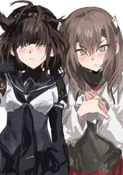 Rule 34 | 2girls, anchor symbol, aogisa, black neckerchief, black sailor collar, bodysuit, breasts, brown eyes, brown hair, commentary request, cowboy shot, green eyes, hachimaki, hair flaps, hatsuzuki (kancolle), headband, headgear, highres, kantai collection, long sleeves, looking at viewer, medium hair, multiple girls, neckerchief, parted lips, sailor collar, school uniform, serafuku, simple background, small breasts, taihou (kancolle), white background, white serafuku