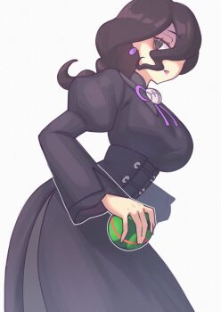 1girl alternate_breast_size_(larger) black_corset black_dress black_eyes black_hair breasts commentary corset dress dusk_ball earrings grey_background hair_over_one_eye hex_maniac_(pokemon) hex_maniac_(pokemon_legends:_z-a) highres holding holding_poke_ball jewelry large_breasts long_sleeves neck_ribbon nintendo open_mouth poke_ball pokemon pokemon_legends:_z-a ribbon sher_(imnotsher) simple_background solo white_background