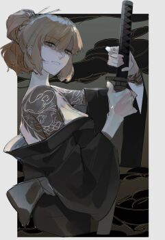 Rule 34 | 1girl, bare back, bare shoulders, black background, black kimono, bow, bowtie, breasts, cloud background, commentary, freckles, green eyes, hair ornament, hairpin, holding, holding sword, holding weapon, ishmael (project moon), japanese clothes, katana, kimono, kurokumo clan (identity) (project moon), limbus company, looking at viewer, medium breasts, multiple hairpins, muted color, orange hair, project moon, sheath, shoulder tattoo, smile, solo, sword, tattoo, teeth, unsheathing, weapon