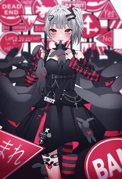 1girl absurdres badge bandaid bandaid_on_leg blurry blurry_background blush bow button_badge commentary cross detached_collar dress fingerless_gloves fingernails glove_bow gloves grey_hair grin hair_bow hair_ornament heart heart_hair_ornament highres holding holding_stuffed_toy leg_tattoo long_fingernails looking_at_viewer mouth_hold multiple_hair_bows nail_polish original pantyhose pink_eyes road_sign short_hair side_ponytail sign single_leg_pantyhose sleeveless sleeveless_dress smile solo striped_clothes striped_gloves striped_pantyhose stuffed_animal stuffed_rabbit stuffed_toy tattoo wanko_(yurika0320)