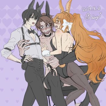 1girl 2boys ajajasta animal_ears black_bow black_bowtie black_eyes black_gloves black_hair black_leotard black_thighhighs blush bow bowtie brown_pantyhose bunny_day dark-skinned_female dark_skin dated embarrassed fingerless_gloves gloves heathcliff_(project_moon) high_ponytail highres ishmael_(project_moon) leotard limbus_company long_hair multiple_boys orange_hair pantyhose ponytail project_moon purple_background rabbit_ears reverse_bunnysuit reverse_outfit sweat thighhighs very_long_hair yi_sang_(project_moon)