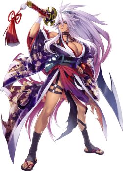 Rule 34 | 1girl, breasts, cleavage, dark-skinned female, dark skin, gradient hair, hand on own hip, highres, huge weapon, japanese clothes, kimono, kyonyuu fantasy, kyonyuu fantasy burst, large breasts, looking at viewer, multicolored hair, pink hair, sandals, scar, scar on face, sword, weapon, white hair, yakusha (kyonyuu fantasy burst)
