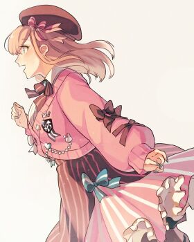 Rule 34 | 1girl, beret, blonde hair, blue eyes, blue nails, blush, bow, bowtie, breasts, brown bow, brown bowtie, brown hat, brown skirt, cardigan, commentary request, cowboy shot, cross-laced clothes, cross-laced sleeves, floating hair, frilled skirt, frills, from side, grey background, hand up, hat, hat bow, highres, long hair, long sleeves, looking ahead, medium breasts, medium skirt, nail polish, nijisanji, open mouth, pink bow, pink cardigan, pink skirt, profile, puffy long sleeves, puffy sleeves, shimogami mayoko, simple background, skirt, sleeves past wrists, smile, solo, striped clothes, striped skirt, suzuhara lulu, suzuhara lulu (1st costume), vertical-striped clothes, vertical-striped skirt, virtual youtuber