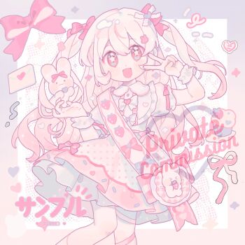 1girl :d animal blonde_hair blush bow collared_shirt commission double-parted_bangs fanqiealxe feet_out_of_frame hair_between_eyes hair_bow hands_up highres long_hair looking_at_viewer mihuashi_commission open_mouth original pink_bow pink_skirt rabbit red_eyes sample_watermark shirt short_sleeves skirt sleeve_bow smile solo standing star-shaped_pupils star_(symbol) symbol-shaped_pupils two_side_up v watermark white_background white_shirt wrist_cuffs