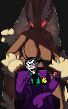 1boy 1girl alpha_pokemon batman_(series) bent_over black_hair black_sclera breasts colored_sclera corruption crossed_legs crossover curvy dc_comics evil_smile flowerpigeon furry furry_female gen_4_pokemon giant giantess gloves glowing glowing_eyes highres holding holding_poke_ball jacket joker_catches_a_lopunny_(meme) large_breasts looking_at_viewer lopunny meme nintendo nipples open_mouth poke_ball poke_ball_(basic) pokemon pokemon_(creature) purple_gloves purple_jacket red_eyes shaded_face shadow simple_background sitting smile teeth the_joker wide_hips