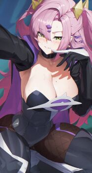 1girl absurdres alternate_costume armpits black_boots black_choker black_leotard black_pantyhose black_shrug boots breasts choker commentary fishnet_pantyhose fishnets green_eyes highres large_breasts leotard looking_at_viewer mole mole_on_breast mole_under_eye nicole_demara pantyhose pink_hair reaching reaching_towards_viewer roro_(tpghksdlzpq) shrug_(clothing) solo strapless strapless_leotard thigh_boots white_mouth zenless_zone_zero