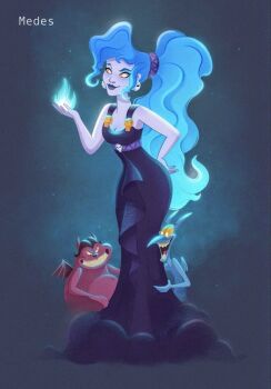 1girl 2boys ancient_greek_clothes animification artist_request bare_shoulders blue_eyes commentary_request dark_persona dress eyeshadow greco-roman_clothes hercules_(1997_movie) long_hair looking_at_viewer makeup megara_(disney) multiple_boys non-web_source pain_(disney) panic_(disney) ponytail simple_background sleeveless smile source_request