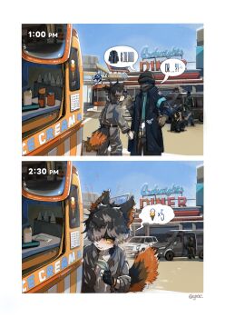 1boy aak_(arknights) absurdres age_difference arknights artist_name blush colored_sclera commentary_request food food_truck furry furry_male highres holding holding_ice_cream_cone holding_money ice_cream ice_cream_cone komainu_boy komainu_ears komainu_tail mixed-language_commentary money motor_vehicle official_alternate_costume onii-shota paid_reward_available scribble shota slit_pupils smile speech_bubble suggestive_fluid tongue tongue_out van yellow_sclera yrac