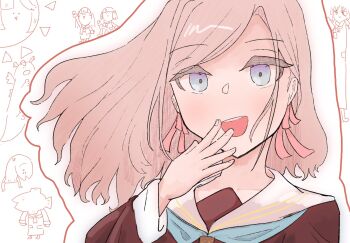 1girl :d a_vabo. anyoji_hime aqua_neckerchief brown_dress ceras_yanagida_lilienfeld commentary doodle_inset dress fish_head fish_with_legs grey_hair hair_ribbon hand_to_own_mouth hasu_no_sora_school_uniform highres kachimachi_kosuzu katsuragi_izumi link!_like!_love_live! long_hair long_sleeves love_live! momose_ginko neckerchief objectification open_mouth pink_ribbon ribbon sailor_collar sailor_dress school_uniform smile solo sun_with_face teeth upper_teeth_only virtual_youtuber white_sailor_collar winter_uniform