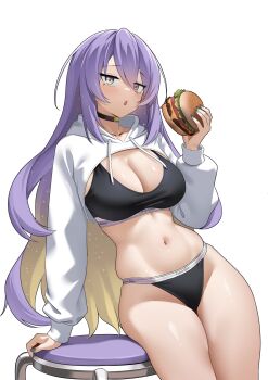 1girl :o absurdres black_bra black_choker black_panties blonde_hair bra breasts burger calvin_klein choker collarbone colored_inner_hair commentary english_commentary engrish_commentary fingernails food gradient_eyes gradient_hair grey_nails hair_between_eyes hand_up highres holding holding_food hololive hololive_indonesia hood hood_down hooded_shrug huge_breasts long_hair long_sleeves looking_at_viewer moona_hoshinova multicolored_eyes multicolored_hair nail_polish navel open_mouth panties puffy_long_sleeves puffy_sleeves purple_eyes purple_hair raikkonen shrug_(clothing) solo sports_bra starry_hair stomach stool two-tone_hair underwear very_long_hair virtual_youtuber white_shrug yellow_eyes