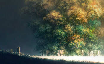 Rule 34 | abandoned, chair, commentary request, day, fence, field, forest, heriki (trkj), highres, nature, no humans, original, outdoors, scenery, sunlight, tree, wooden fence