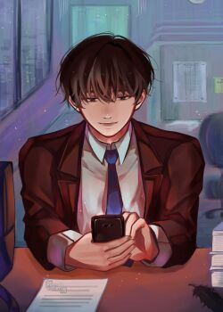 1boy absurdres black_coat black_eyes black_hair blue_necktie coat collared_shirt commentary cubicle elbow_rest english_commentary feathers glowing highres holding holding_phone indoors kim_dokja light_particles looking_at_phone male_focus necktie office omniscient_reader&#039;s_viewpoint paper_stack phone saihachi06 shirt short_hair sitting smile solo upper_body white_shirt