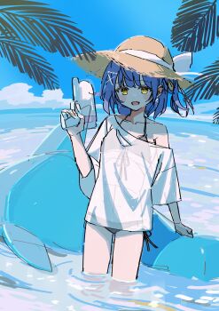 1girl :d absurdres amamiya_kokoro amamiya_kokoro_(7th_costume) bikini bikini_under_clothes black_bikini blue_hair blue_sky blush breasts cloud covered_navel cross-laced_bikini cross-laced_clothes dolphin_innertube earrings flower_earrings frilled_bikini frills hair_ornament hat highres holding holding_water_gun horizon innertube jewelry looking_at_viewer medium_hair nijisanji ocean oninome_tsuki open_mouth oversized_clothes oversized_shirt palm_tree partially_submerged see-through_clothes see-through_shirt shirt shirt_slip side-tie_bikini_bottom sky small_breasts smile soaking_feet solo straw_hat swim_ring swimsuit tree virtual_youtuber water water_gun white_shirt x_hair_ornament yellow_eyes