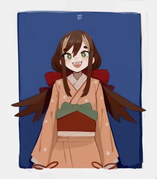 1girl :d absurdres blush bow bright_pupils brown_hair character_request commentary dated english_commentary fangs green_eyes hair_between_eyes hair_bow highres japanese_clothes kart_prowler kimono long_hair long_sleeves multicolored_hair open_mouth red_bow shabake signature smile solo straight-on streaked_hair teeth twintails two-tone_hair upper_teeth_only white_pupils