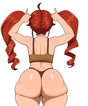 1girl absurdres alternate_hairstyle arms_up ass ass_focus bunching_hair drill_hair eris_greyrat freshnsfw from_behind highres huge_ass legs long_hair midriff mushoku_tensei playing_with_hair playing_with_own_hair red_hair solo tank_top thick_thighs thighs thong twintails very_long_hair