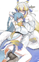 Rule 34 | ..., 2girls, aqua hair, arknights, armpits, bare shoulders, blonde hair, blue hair, blue horns, blue tail, blush, boots, brown footwear, covered mouth, dragon girl, dragon horns, dragon tail, earrings, embarrassed, feet out of frame, finger in another&#039;s mouth, green eyes, grey hair, grey horns, hair intakes, highres, horns, incest, jewelry, ling (arknights), long hair, long sleeves, looking at viewer, multicolored hair, multiple girls, navel, nose blush, off shoulder, open mouth, pointy ears, purple eyes, saliva, serious, shaded face, shoe soles, shu (arknights), siblings, simple background, sisters, spoken ellipsis, staring, streaked hair, tail, white background, white tail, yellow horns, yellow tail, yunomi (yunomi1129), yuri