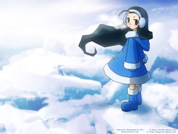 1girl archived_source arms_at_sides artist_name blue_boots blue_dress blue_eyes blue_gloves blue_hair blue_hood blue_sky blue_sleeves blue_theme blush boots breath closed_mouth commentary_request cross-laced_clothes cross-laced_dress day dress earmuffs egloo-tan egloos english_text forehead from_side full_body fur-trimmed_boots fur-trimmed_dress fur_collar fur_trim gloves hood hood_down hooded_dress ice knee_boots korean_commentary legs_together long_hair long_sleeves looking_at_viewer mascot shouki sky snow solo tundra very_long_hair watermark web_address winter_clothes