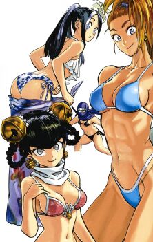 4girls ass bell bikini breasts captain_mizuki flower hair_flower hair_ornament highres lin_lin_(one-punch_man) multiple_girls murata_yuusuke muscular muscular_female ninja official_art one-punch_man sansetsukon_no_lily shadow_ring_(one-punch_man) small_breasts swimsuit