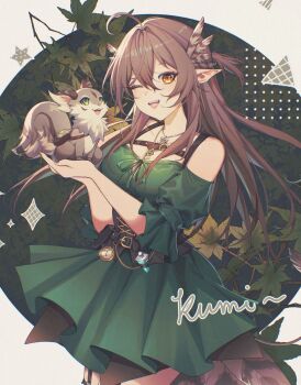 1girl bare_shoulders brown_eyes brown_hair commentary cowboy_shot dress ev-oo green_dress highres indie_virtual_youtuber kumi_(vtuber) leaf one_eye_closed pointy_ears solo_focus symbol-only_commentary