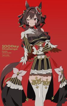 Rule 34 | 1girl, animal ears, betti (xx betti), black dress, blush, bow, braid, braided hair rings, breasts, brown hair, choker, cleavage, closed mouth, corset, detached sleeves, dress, ear covers, ear ornament, gentildonna (regina dei fiori) (umamusume), gentildonna (umamusume), gloves, hair between eyes, hair ornament, hair rings, heart-shaped ornament, heart ear ornament, highres, horse ears, horse girl, horse tail, large breasts, long hair, looking at viewer, one eye closed, red background, red corset, red eyes, see-through cleavage, see-through clothes, simple background, smile, solo, tail, thighhighs, umamusume, white gloves, white thighhighs