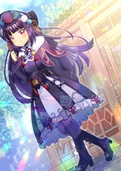 1girl absurdres black_shirt black_skirt blue_sky boots chinese_clothes chinese_knot closed_mouth commission day dutch_angle flower_knot frilled_skirt frills full_body genshin_impact hand_up high_heel_boots high_heels highres kou_hiyoyo lolita_fashion long_hair long_sleeves outdoors pantyhose puffy_long_sleeves puffy_sleeves purple_boots purple_hair purple_pantyhose qi_lolita red_eyes shirt skeb_commission skirt sky sleeves_past_wrists smile solo tassel two-tone_skirt very_long_hair walking white_skirt yun_jin_(genshin_impact)