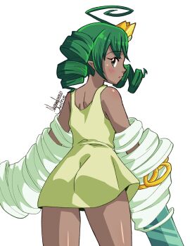 1girl ahoge artist_name back blush closed_mouth crown dark-skinned_female dark_skin dated dress drill_hair female_focus green_dress green_eyes green_hair highres looking_back nanaeljustice original princess_sylph skull_princess:_before_the_red_moon solo sword weapon white_background wind