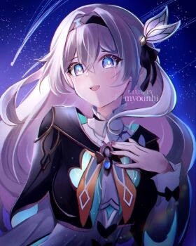 1girl black_hairband black_jacket blush firefly_(honkai:_star_rail) grey_hair hair_between_eyes hair_ornament hairband hand_on_own_chest honkai:_star_rail honkai_(series) jacket long_hair long_sleeves looking_at_viewer myounhi1 neckerchief night night_sky open_mouth orange_neckerchief pink_eyes sky smile solo star_(sky) starry_sky upper_body very_long_hair