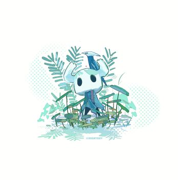 1other animal animal_on_head artist_name chinese_commentary commentary_request film_grain foliage full_body grey_cloak halftone halftone_background highres hightguy hollow_eyes hollow_knight horns knight_(hollow_knight) maskfly_(hollow_knight) on_head plant simple_background solo standing white_background