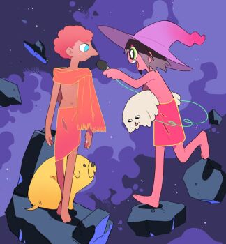 2boys adventure_time afro asteroid barefoot blue_eyes brown_hair clancy_gilroy colored_skin creator_connection crossover dark-skinned_male dark_skin green_eyes hat humanization interview jake_the_dog looking_at_another male_focus microphone multiple_boys naked_towel navel open_mouth pink_hair pink_skin prismo red_scarf scarf space the_midnight_gospel towel wizard_hat yutaka7