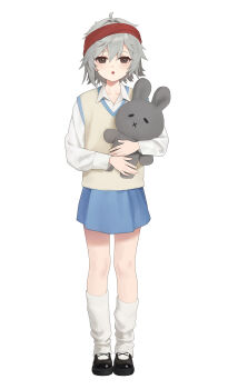 Rule 34 | 1girl, absurdres, alternate costume, bandana, black shoes, blue skirt, brown eyes, collared shirt, commentary, english commentary, full body, g11 (girls' frontline), girls' frontline, girls' frontline 2: exilium, grey hair, hair between eyes, highres, holding, holding stuffed toy, kir (khw66136132), leg warmers, looking at viewer, mechty (girls' frontline 2), red bandana, shirt, shoes, short hair, simple background, skirt, solo, straight-on, stuffed animal, stuffed rabbit, stuffed toy, vest, white background, white shirt, yellow vest