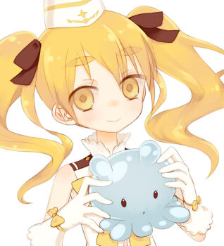 1girl blonde_hair blush female_focus gloves hat hikaru_(houkago_no_pleiades) houkago_no_pleiades long_hair pleiadean smile solo tank_(artist) thick_eyebrows twintails yellow_eyes