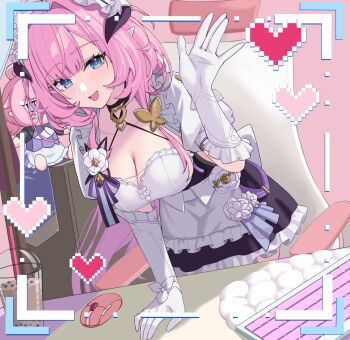 1girl apron black_dress blue_eyes breasts bubble_tea butterfly_hair_ornament character_doll cleavage commentary_request computer_mouse doll dress elf elf_elysia elysia_(honkai_impact) elysia_(miss_pink)_(honkai_impact) elysia_(miss_pink_elf)_(honkai_impact) fake_horns hair_ornament heart highres honkai_(series) honkai_impact_3rd horns indoors kuwahara_taiki large_breasts long_hair looking_at_viewer maid maid_apron maid_headdress official_alternate_costume pink_hair pointy_ears smile solo very_long_hair viewfinder white_apron
