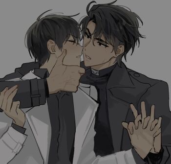 Rule 34 | 2boys, black coat, black eyes, black hair, coat, hand on another's face, holding hands, imminent kiss, keomikan, kim dokja, male focus, multiple boys, multiple scars, omniscient reader's viewpoint, open clothes, open coat, popped collar, scar, scar on hand, short hair, upper body, white coat, yaoi, yoo joonghyuk