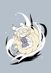 Rule 34 | animal hat, blonde hair, closed eyes, closed mouth, fox tail, grey background, hands in opposite sleeves, hat, highres, long sleeves, mizuga, mob cap, multiple tails, tabard, tail, touhou, wide sleeves, yakumo ran