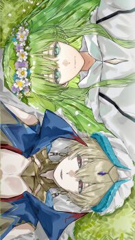 Rule 34 | 1boy, 1other, absurdres, androgynous, arabian clothes, blonde hair, chinese commentary, commentary request, day, earrings, enkidu (fate), eryi021, fate/grand order, fate (series), flower wreath, gilgamesh, gilgamesh (caster) (fate), gilgamesh (fate), grass, green eyes, green hair, head chain, highres, jewelry, long hair, lying, on back, outdoors, red eyes, robe, short hair, sideways, smile, turban, white robe