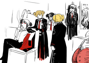 1other 3boys 3girls absurdres alternate_hairstyle arm_rest arms_behind_back black_coat black_gloves black_jacket black_pants black_sleeves blank_eyes blonde_hair breast_pocket character_name cigarette coat collared_shirt covering_own_mouth crossed_legs dante_(limbus_company) don_quixote_(project_moon) dress_pants dress_shirt english_text faceless faceless_male facial_scar gloves hand_over_own_mouth hands_up heathcliff_(project_moon) highres holding holding_sword holding_weapon hong_lu_(project_moon) index_finger_raised indoors jacket jacket_on_shoulders lapels limbus_company long_sleeves multiple_boys multiple_girls nugii open_clothes open_coat open_collar pants partially_colored pocket pointing pointing_at_another project_moon red_coat red_eyes red_jacket rodion_(project_moon) ryoshu_(project_moon) scar scar_on_cheek scar_on_face shirt short_twintails sinclair_(project_moon) sitting smoking suspender_pants sweat swept_bangs sword tearing_up twintails two-sided_coat two-sided_fabric two-sided_jacket undershirt weapon white_shirt white_sleeves wing_collar