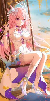 1girl absurdres bare_shoulders blurry blurry_background breasts closed_mouth commentary_request cyrene_(honkai:_star_rail) cyrene_(demiurge)_(honkai:_star_rail) daraamji2 diamond-shaped_pupils diamond_(shape) dress flower full_body hair_flower hair_intakes hair_ornament high_heels highres honkai:_star_rail honkai_(series) large_breasts light_blush long_hair looking_at_viewer on_swing outdoors pink_hair pointy_ears purple_eyes purple_flower purple_rose purple_shoes rose shoes sidelocks smile solo swing symbol-shaped_pupils thighs very_long_hair white_dress