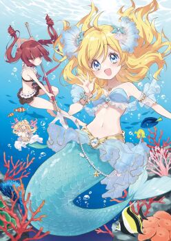 3girls ahoge bikini blonde_hair blue_eyes breasts bubble clownfish commentary_request coral drill_hair earrings fish gem gothic_lolita hair_ornament hanazono_yurine holding holding_polearm holding_weapon jashin-chan jashin-chan_dropkick jewelry kneeless_mermaid lamia lolita_fashion long_hair looking_at_viewer low_drills mermaid monster_girl multicolored_hair multiple_girls navel necklace official_alternate_costume official_alternate_hairstyle official_art open_mouth pearl_(gemstone) pearl_necklace pink_hair polearm red_hair shell shell_hair_ornament single_earring small_breasts starfish_earrings swimsuit trident twintails two-tone_hair underwater weapon yukiwo
