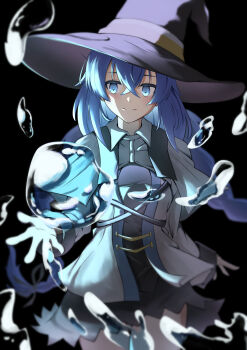 1girl absurdres black_dress black_hat blue_eyes blue_hair braid closed_mouth crossed_bangs dress hat highres long_hair magic mushoku_tensei roxy_migurdia smile solo spell taiga_(taiga_sine) twin_braids water witch_hat
