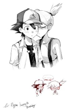 ... 1boy 1girl ash_ketchum baseball_cap blush chibi closed_eyes couple english_text full-face_blush hair_tie happy_birthday hat hetero highres jacket kiss kissing_cheek misty_(pokemon) nintendo pokemon pokemon_(anime) pokemon_(classic_anime) pokemon_rgby ponytail shirt short_hair short_sleeves side_ponytail simple_background sleeveless spoken_ellipsis spot_color surprise_kiss surprised suspenders white_background