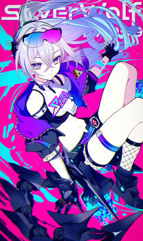1girl absurdres bare_legs bare_shoulders belt boots commentary cropped_jacket eyewear_on_head fingerless_gloves fishnet_socks fishnets glitch gloves grey_eyes grey_hair high_heel_boots high_heels highres honkai:_star_rail honkai_(series) kabu_xblezzz long_hair looking_at_viewer mechanical_tail midriff navel pin silver_wolf_(honkai:_star_rail) socks solo sunglasses tail thigh_belt thigh_strap