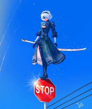 Rule 34 | 1girl, 2b (nier:automata), absurdres, black dress, black gloves, black hairband, black thighhighs, blindfold, blue sky, boots, breasts, cleavage, cleavage cutout, clothing cutout, commentary, covered eyes, dress, english commentary, feather-trimmed sleeves, feather trim, full body, gloves, hairband, high heel boots, high heels, highres, holding, holding sword, holding weapon, jetstream012, juliet sleeves, katana, long sleeves, mole, mole under mouth, nier:automata, nier (series), puffy sleeves, road sign, short hair, sign, signature, sky, solo, standing, stop sign, sword, thighhighs, thighhighs under boots, virtuous contract, weapon, white hair