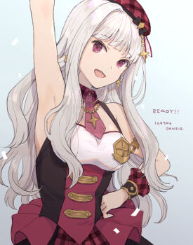 Rule 34 | 1girl, :d, arm up, armpits, artist name, bad id, bad pixiv id, bare shoulders, beret, black bow, black ribbon, bow, breasts, copyright request, corset, dated, detached collar, earrings, grey background, hand on own hip, hat, hat bow, hat ribbon, head tilt, highres, jewelry, long hair, looking at viewer, medium breasts, necktie, open mouth, plaid hat, purple eyes, red hat, red necktie, red scrunchie, red skirt, ribbon, scrunchie, shoden, short necktie, skirt, sleeveless, smile, solo, star (symbol), star earrings, underbust, upper body, white hair, wrist scrunchie