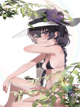 1girl absurdres bare_arms bare_shoulders bikini black_bikini black_hair blue_archive blush branch breasts closed_mouth commentary_request flower from_side glasses hairband halo hat hat_flower highres leaf long_hair looking_at_viewer official_alternate_costume simple_background sitting small_breasts solo string_bikini sun_hat swimsuit ui_(blue_archive) ui_(swimsuit)_(blue_archive) very_long_hair white_background yoru_uyo