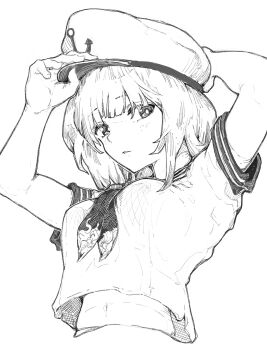 1girl adjusting_clothes adjusting_headwear anchor anchor_symbol ascot breasts greyscale hat highres looking_down medium_breasts monochrome murasa_minamitsu sailor sailor_collar sailor_hat sashimi_oniku shirt short_sleeves simple_background solo stomach touhou upper_body