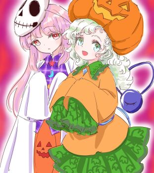 2girls bow buttons diamond_button eyeball frilled_shirt_collar frills green_eyes green_hair green_skirt halloween halloween_costume hat hat_bow hata_no_kokoro heart heart_of_string jack-o&#039;-lantern komeiji_koishi long_hair long_sleeves mask mask_on_head multiple_girls open_mouth pink_eyes pink_hair plaid_clothes plaid_shirt pumpkin s-a-murai shirt simple_background skirt third_eye touhou triangle yellow_shirt