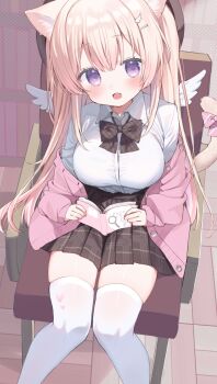 1girl animal_ears blonde_hair blush book bow bowtie breasts buttons cardigan cardigan_partially_removed cat_ears cat_girl chair collared_shirt commentary_request double-parted_bangs fang feet_out_of_frame from_above grey_bow grey_bowtie grey_skirt hair_ornament highres holding holding_book large_breasts long_hair looking_at_viewer mini_wings miniskirt on_chair open_book open_mouth original pink_bow pink_cardigan plaid_bow plaid_bowtie plaid_clothes plaid_skirt pleated_skirt purple_eyes shirt shirt_tucked_in sitting skin_fang skirt solo tail tail_bow tail_ornament takepoison thighhighs unbuttoned white_shirt white_thighhighs white_wings wing_collar wing_hair_ornament wings
