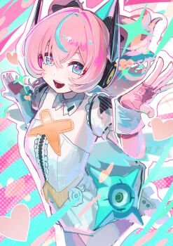 1girl absurdres aqua_hair aqua_streaks aria_(zenless_zone_zero) black_bow blue_eyes bow breasts center_frills commentary_request crossed_bangs detached_collar detached_sleeves dress fingerless_gloves frilled_sleeves frills gloves hair_between_eyes hair_bow hands_up heart highres leg_up looking_at_viewer multicolored_hair open_mouth pink_background pink_gloves pink_hair sanshoku_dango_(shukosuko) shoes small_breasts solo sparkle white_dress white_shoes zenless_zone_zero