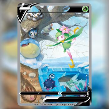 1girl bare_tree basculegion basculegion_(female) bird blue_sky card_(medium) closed_eyes colored_sclera commentary company_name copyright_name copyright_notice day digging dirt eating english_commentary fangs flower food gen_2_pokemon gen_3_pokemon gen_4_pokemon gen_5_pokemon hisuian_lilligant hisuian_qwilfish holding holding_food ice ice_skating in_tree kodama_(pukupuku) leg_up nintendo no_mouth official_art open_mouth outdoors overqwil pachirisu pink_flower pink_sclera pokemon pokemon_(creature) pokemon_card pokemon_focus pokemon_tcg rock rufflet skating sky sleeping snow spheal spikes standing standing_on_one_leg starly swinub textless_version third-party_source trading_card tree underground underwater white_eyes